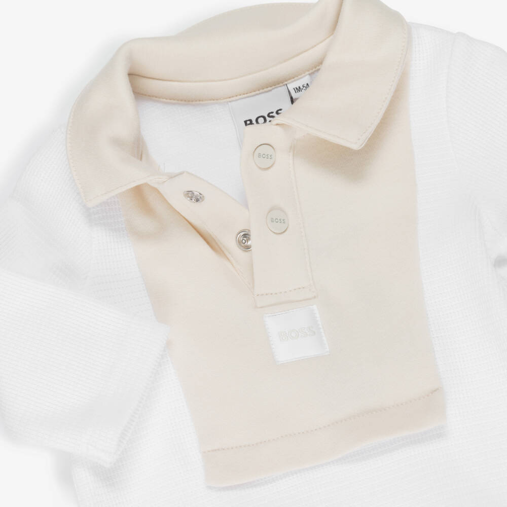 BOSS-Baby Boys White & Beige Cotton Polo Babygrow | Childrensalon