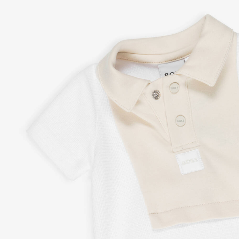 BOSS-Baby Boys White & Beige Cotton Polo Shortie | Childrensalon