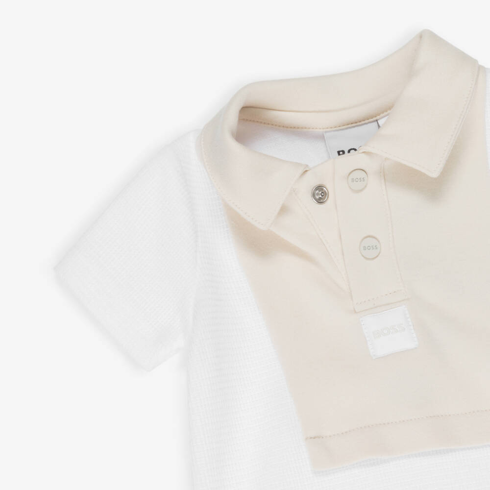 BOSS-Baby Boys White & Beige Cotton Polo Shortie | Childrensalon