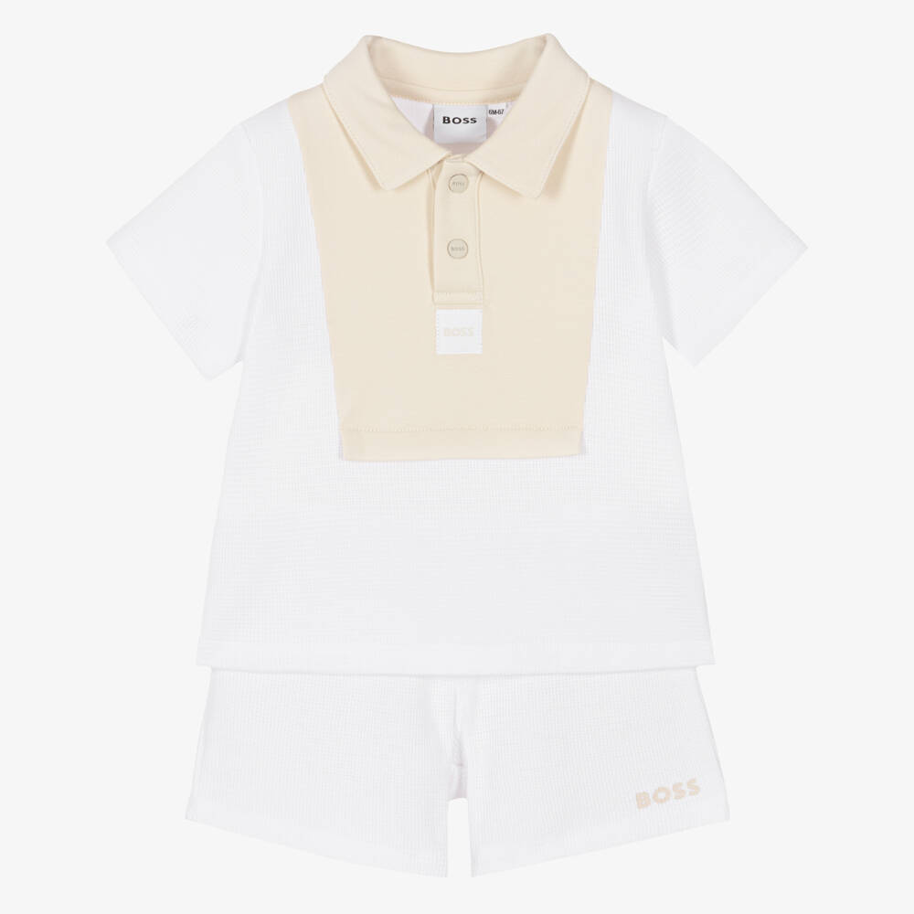BOSS-Baby Boys White & Beige Knitted Cotton Shorts Set | Childrensalon