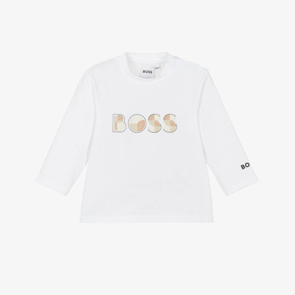 BOSS-Baby Boys White Cotton Jersey Top with Beige Logo | Childrensalon