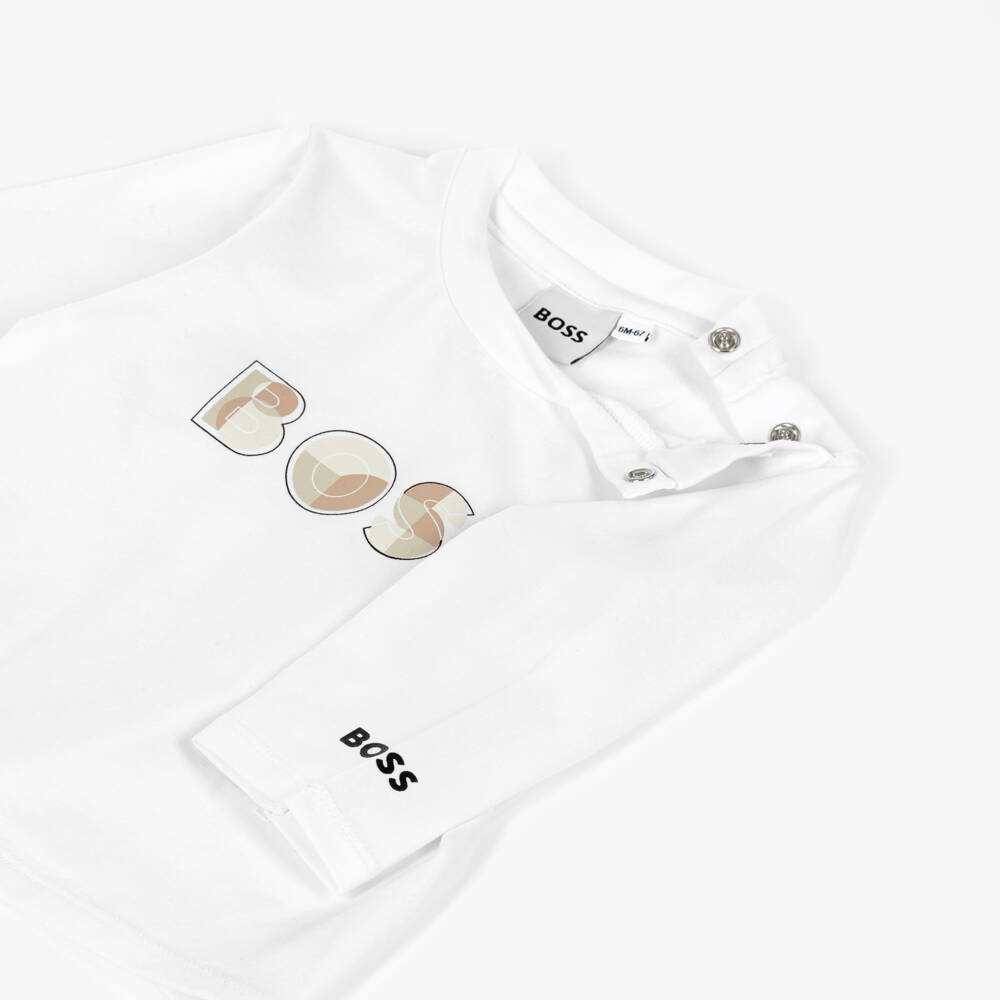 BOSS-Baby Boys White Cotton Jersey Top with Beige Logo | Childrensalon