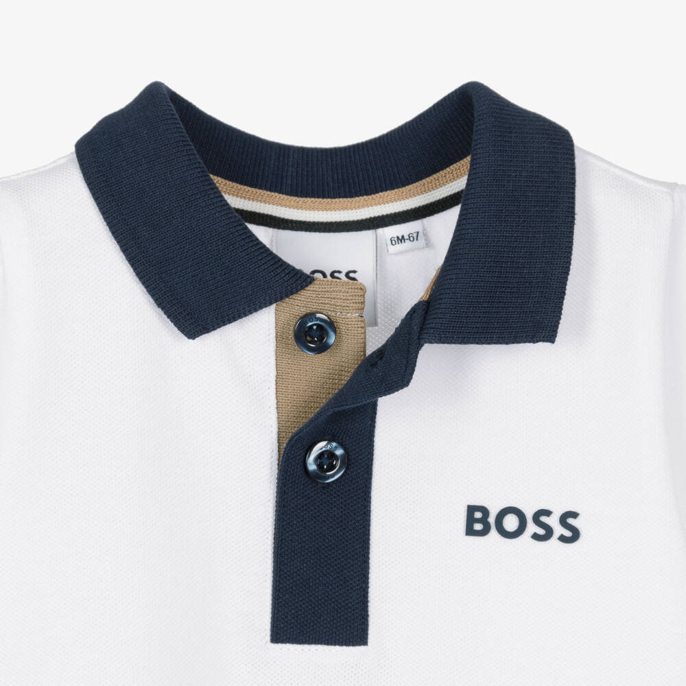 BOSS-Baby Boys White Cotton Piqué Colourblock Detail Polo Shirt | Childrensalon