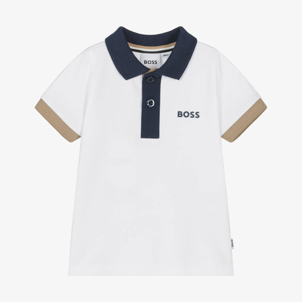 BOSS-Baby Boys White Cotton Piqué Colourblock Detail Polo Shirt | Childrensalon