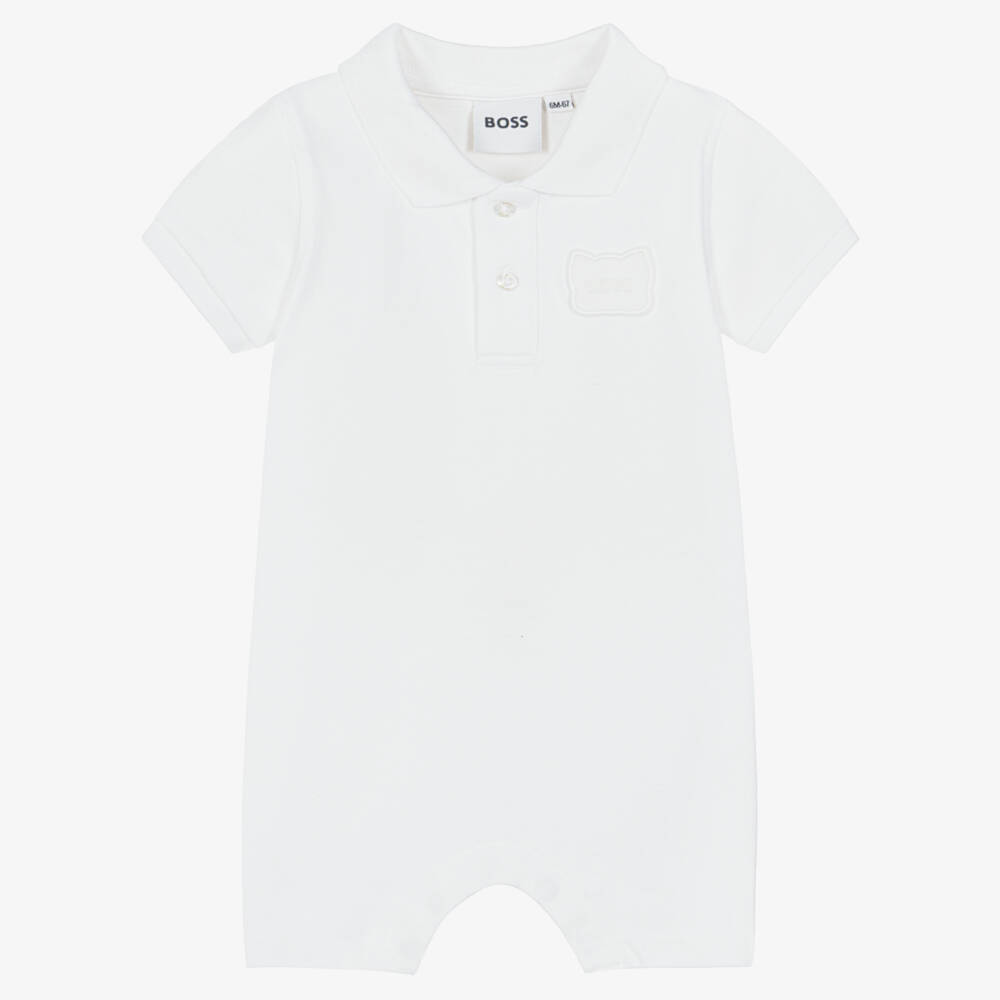 BOSS-بودي سوت قطن بيكيه لون أبيض للأولاد الرضع | Childrensalon
