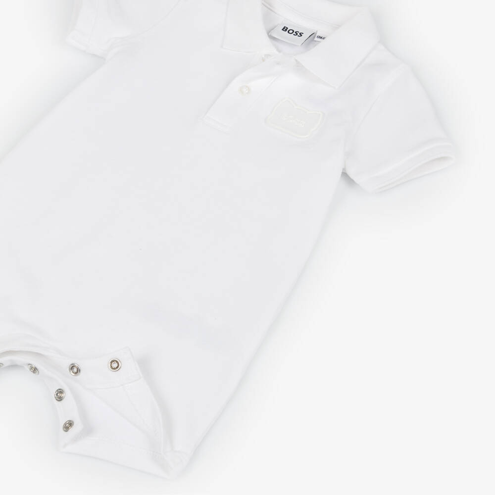 BOSS-بودي سوت قطن بيكيه لون أبيض للأولاد الرضع | Childrensalon