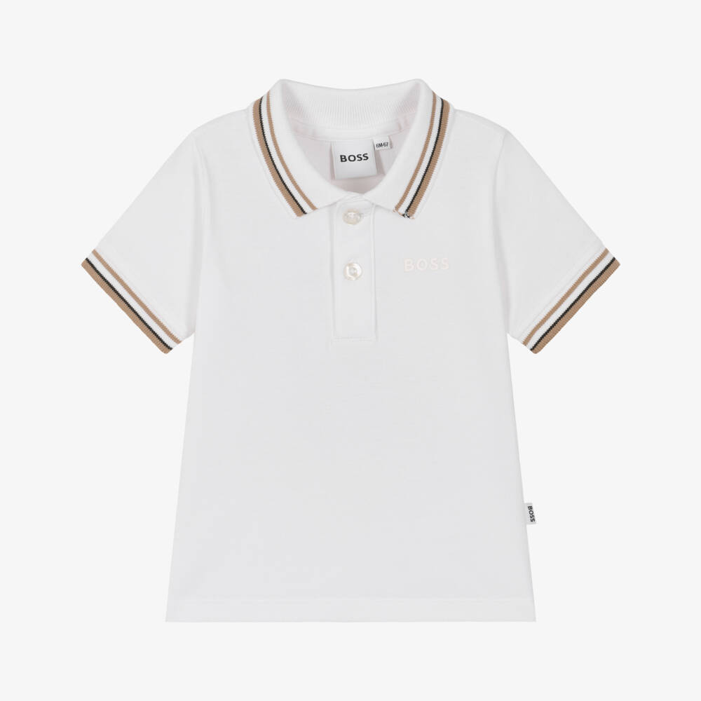 BOSS-Baby Boys White Cotton Piqué Tipped Logo Polo Shirt | Childrensalon