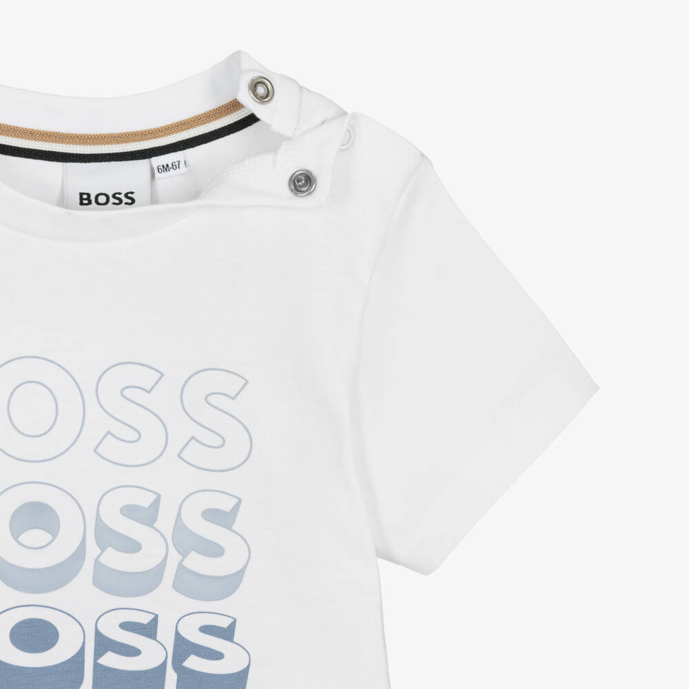 BOSS-تيشيرت قطن بشعار مكرر لون أبيض للأولاد الرضع | Childrensalon