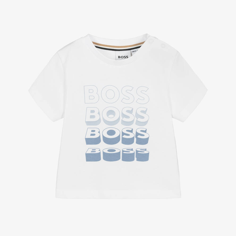 BOSS-Baby Boys White Cotton T-Shirt with Repeat Logo | Childrensalon