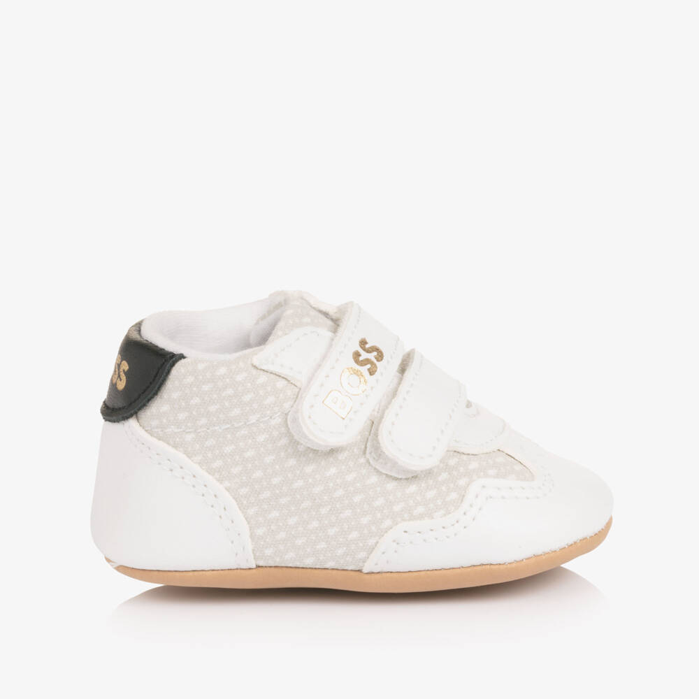 BOSS-Baby Boys White Leather & Canvas Pre-Walker Trainers | Childrensalon