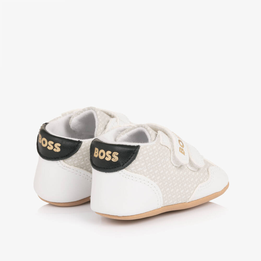 BOSS-Baby Boys White Leather & Canvas Pre-Walker Trainers | Childrensalon