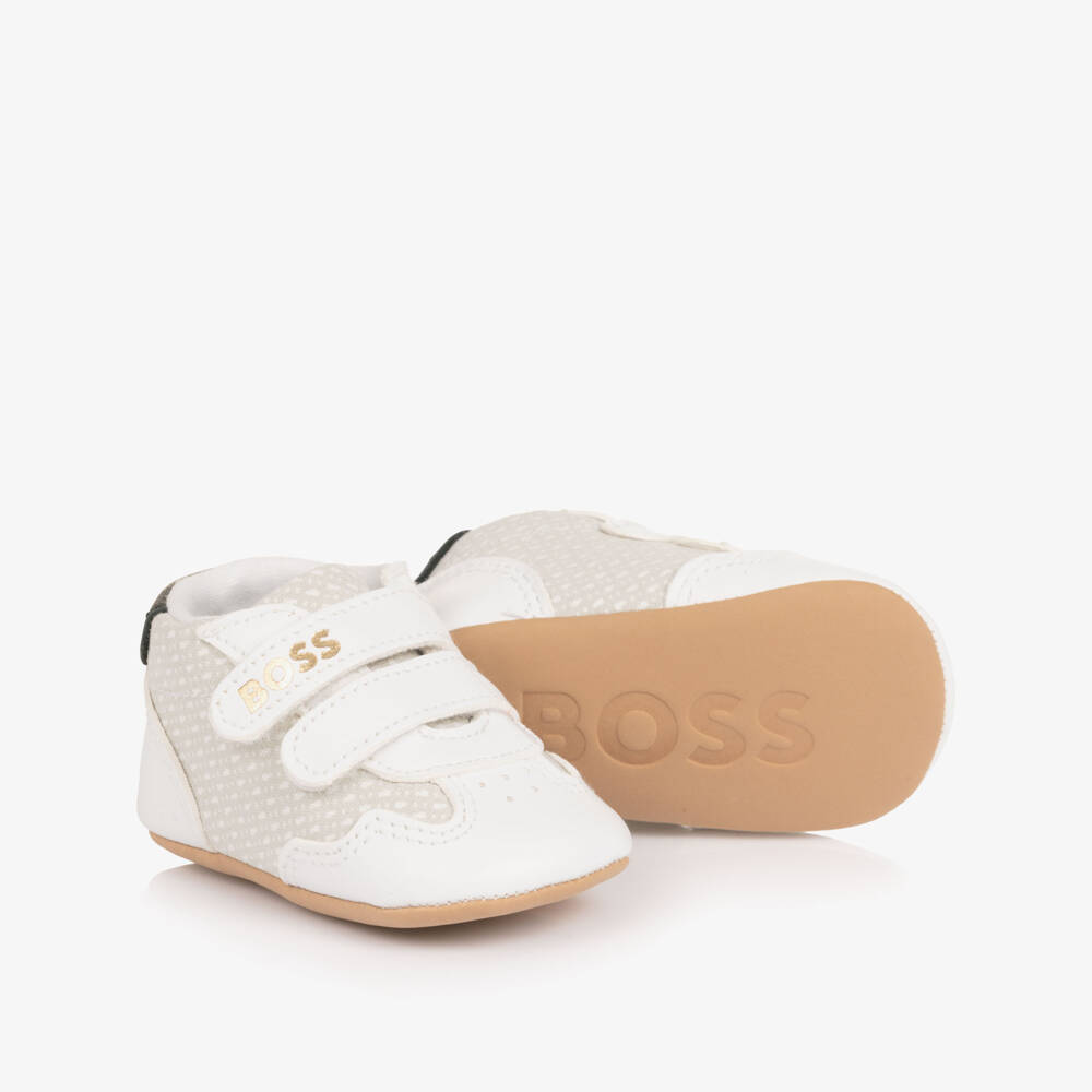 BOSS-Baby Boys White Leather & Canvas Pre-Walker Trainers | Childrensalon