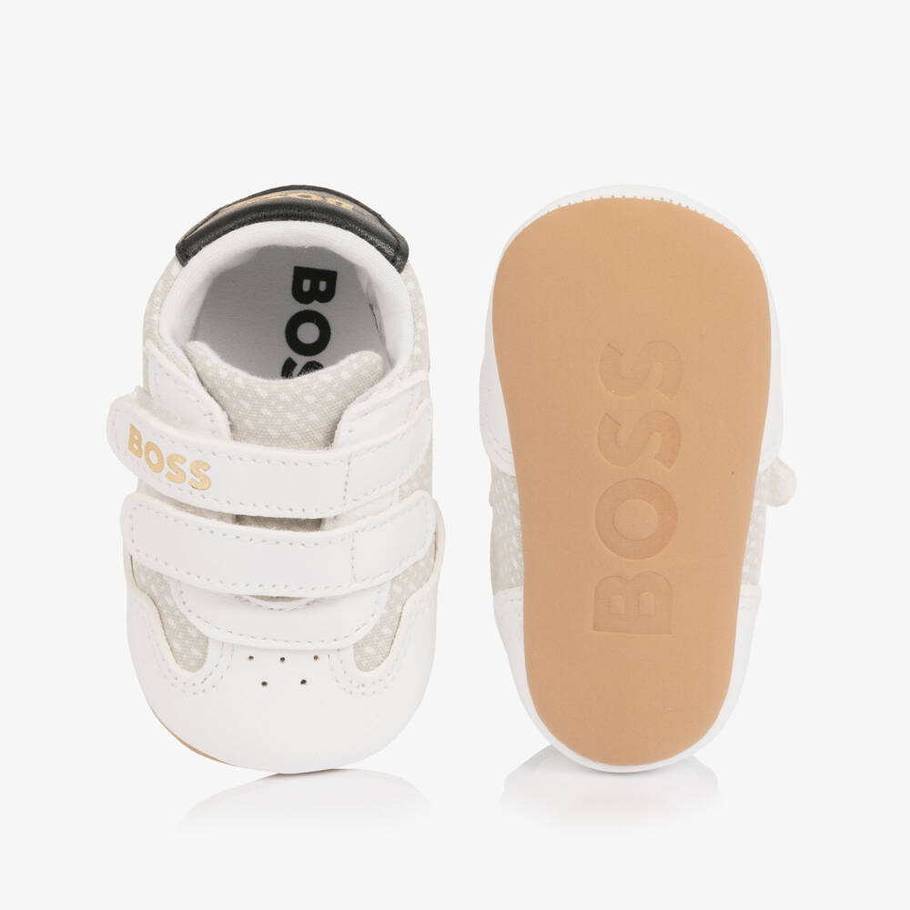BOSS-Baby Boys White Leather & Canvas Pre-Walker Trainers | Childrensalon