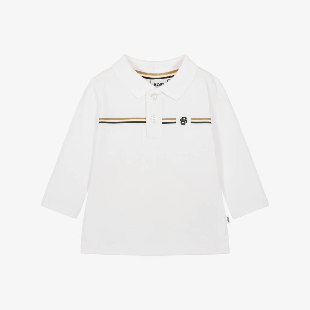 BOSS-Baby Boys White Long Sleeve Polo Shirt  | Childrensalon