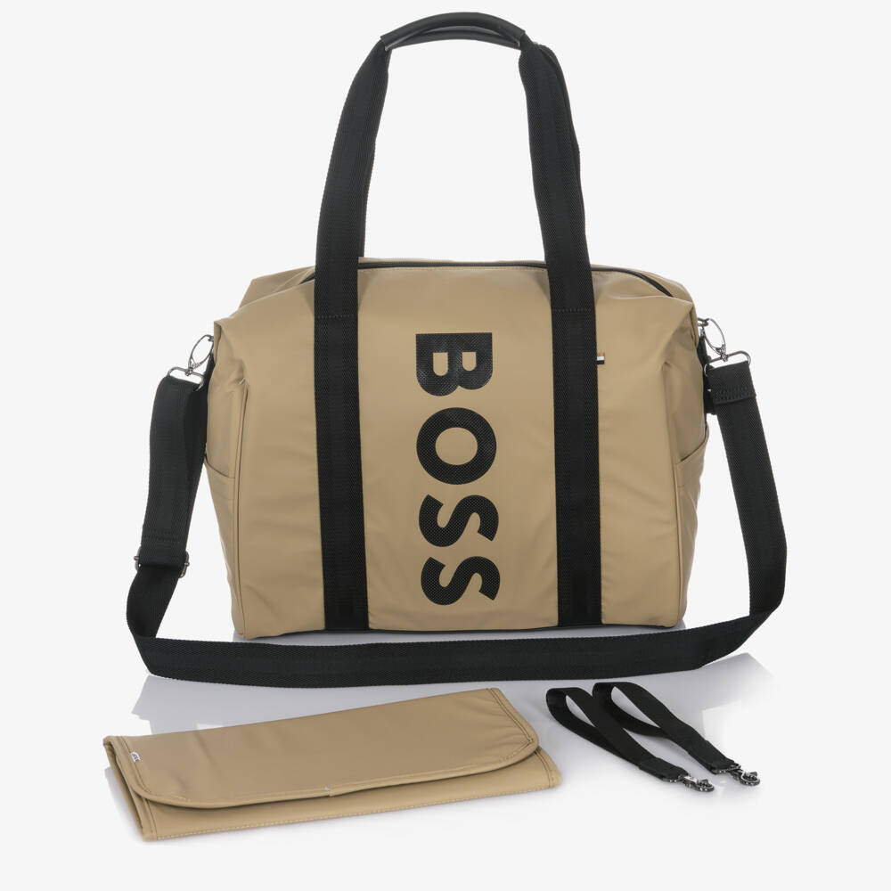 BOSS-Beige Changing Bag With Bold Black Logo (32cm) | Childrensalon