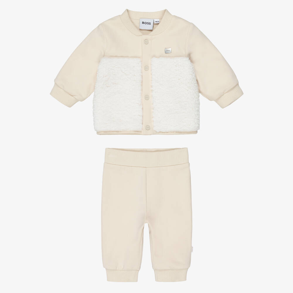 BOSS-Beige Jersey & Teddy Fleece Baby Tracksuit | Childrensalon