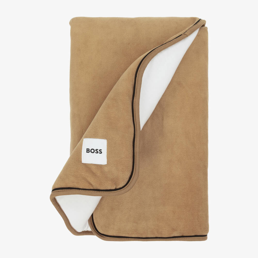 BOSS-Beige Velour & White Jersey Padded Blanket (75cm) | Childrensalon