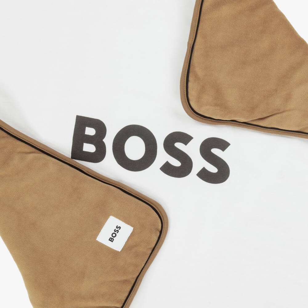 BOSS-Beige Velour & White Jersey Padded Blanket (75cm) | Childrensalon