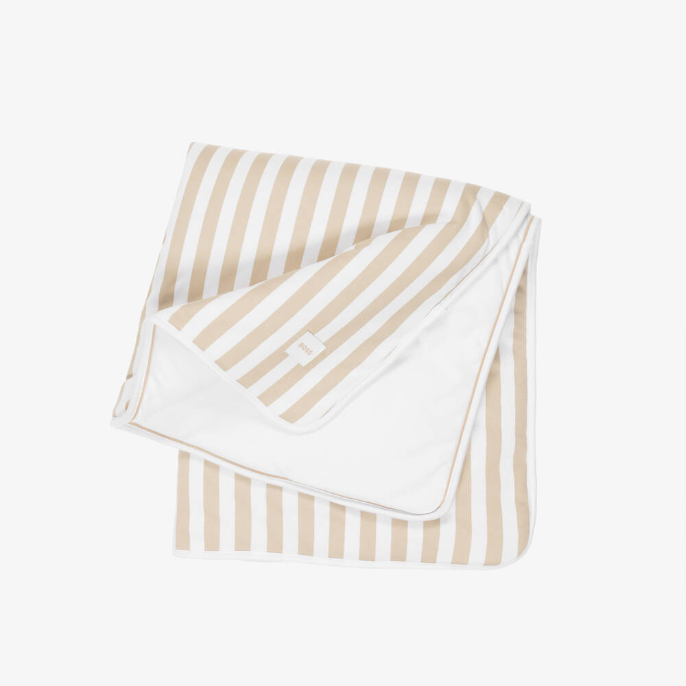 BOSS-Beige & White Striped Cotton Reversible Logo Blanket (75cm) | Childrensalon
