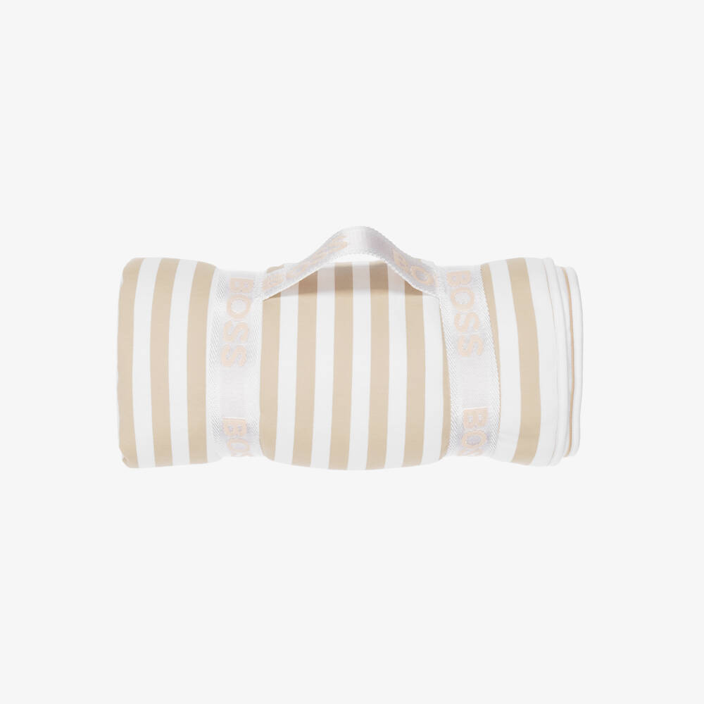 BOSS-Beige & White Striped Cotton Reversible Logo Blanket (75cm) | Childrensalon