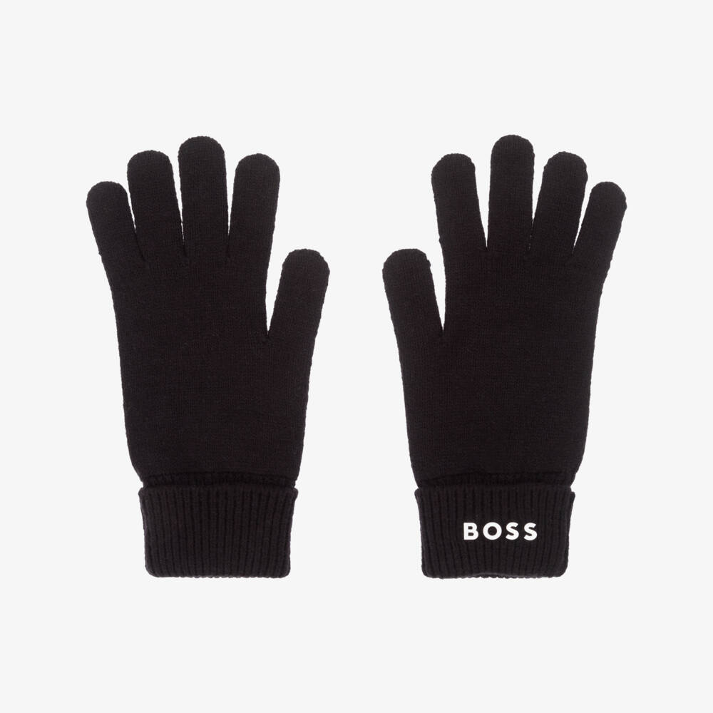BOSS-Black Knitted Gloves with White Logo | Childrensalon