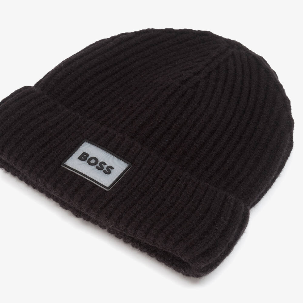 BOSS-Black Ribbed Knit Beanie Hat | Childrensalon