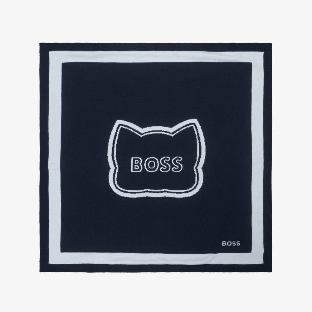 BOSS-Blue Reversible Cotton Knit Blanket with Red Panda Logo (77cm) | Childrensalon