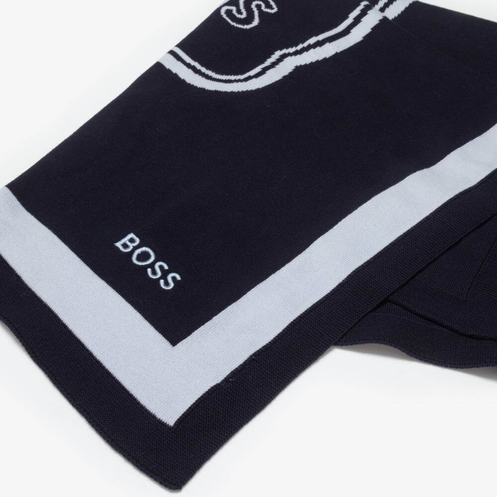 BOSS-Blue Reversible Cotton Knit Blanket with Red Panda Logo (77cm) | Childrensalon