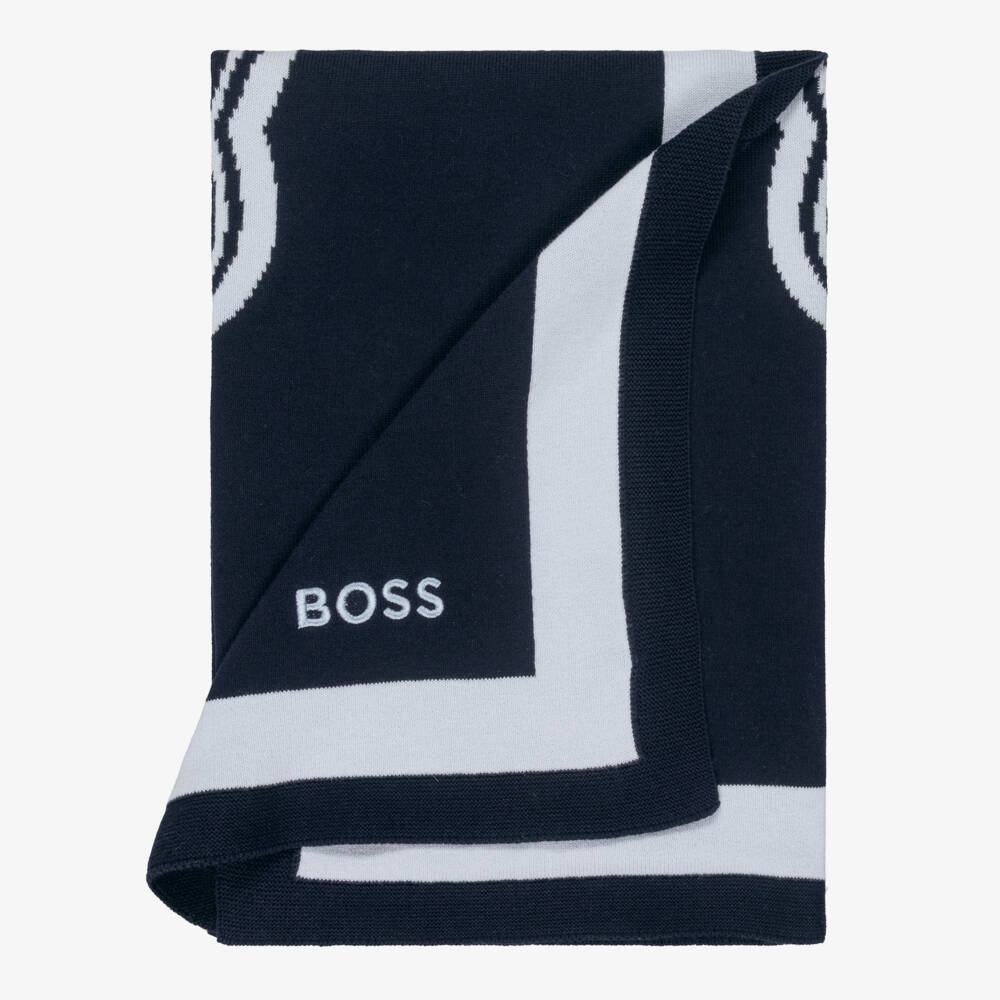 BOSS-Blue Reversible Cotton Knit Blanket with Red Panda Logo (77cm) | Childrensalon