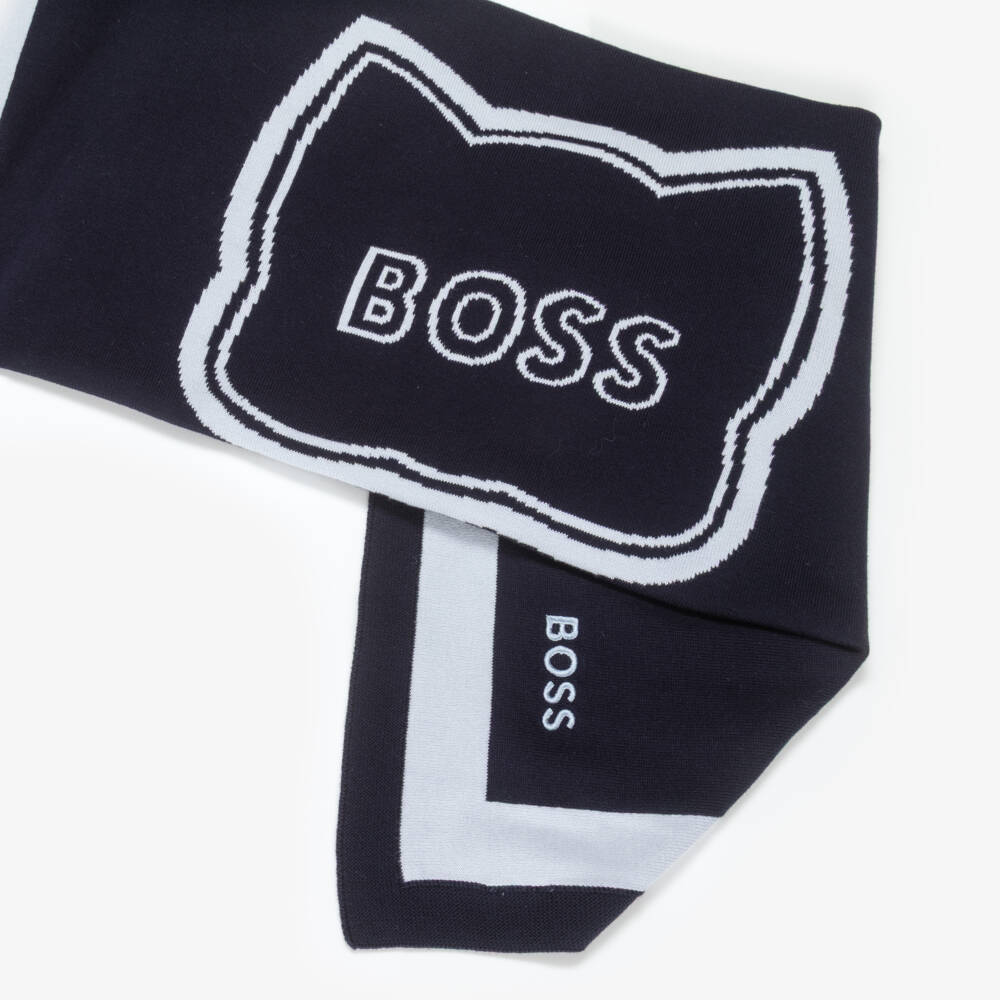 BOSS-Blue Reversible Cotton Knit Blanket with Red Panda Logo (77cm) | Childrensalon