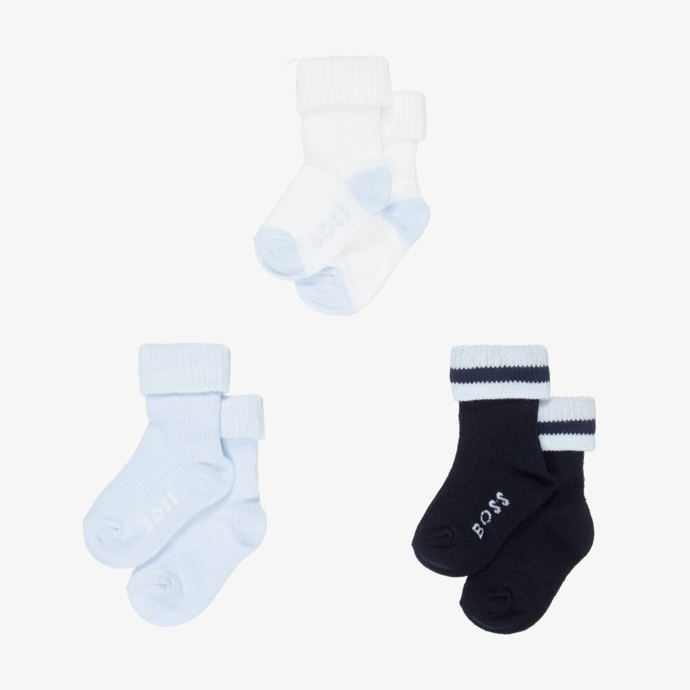 BOSS-Blue & White Cotton Baby Socks (3 Pack)  | Childrensalon