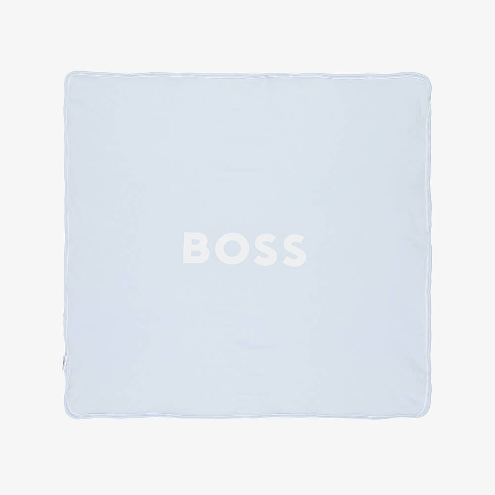 BOSS-Blue & White Striped Cotton Reversible Logo Blanket (75cm) | Childrensalon