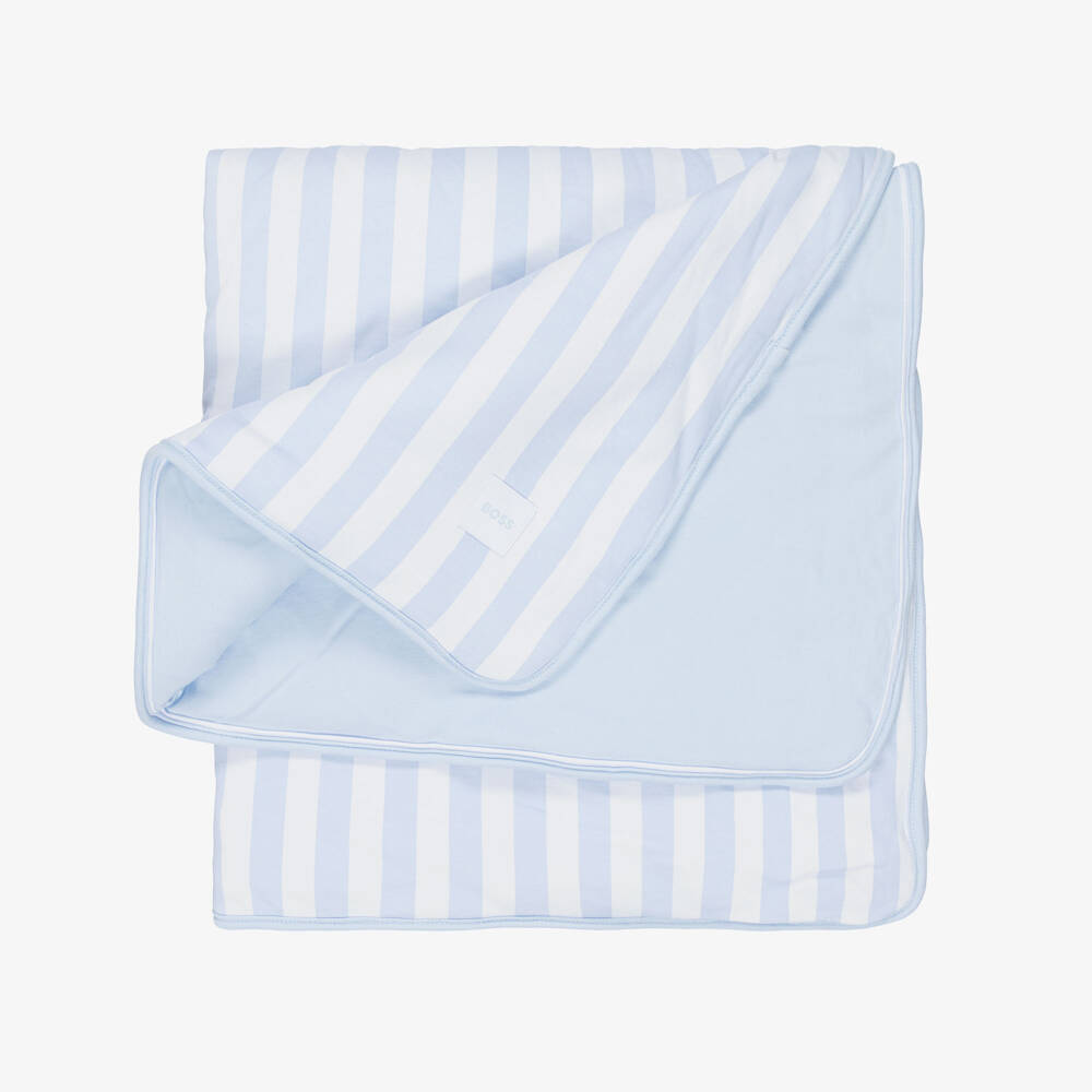 BOSS-Blue & White Striped Cotton Reversible Logo Blanket (75cm) | Childrensalon