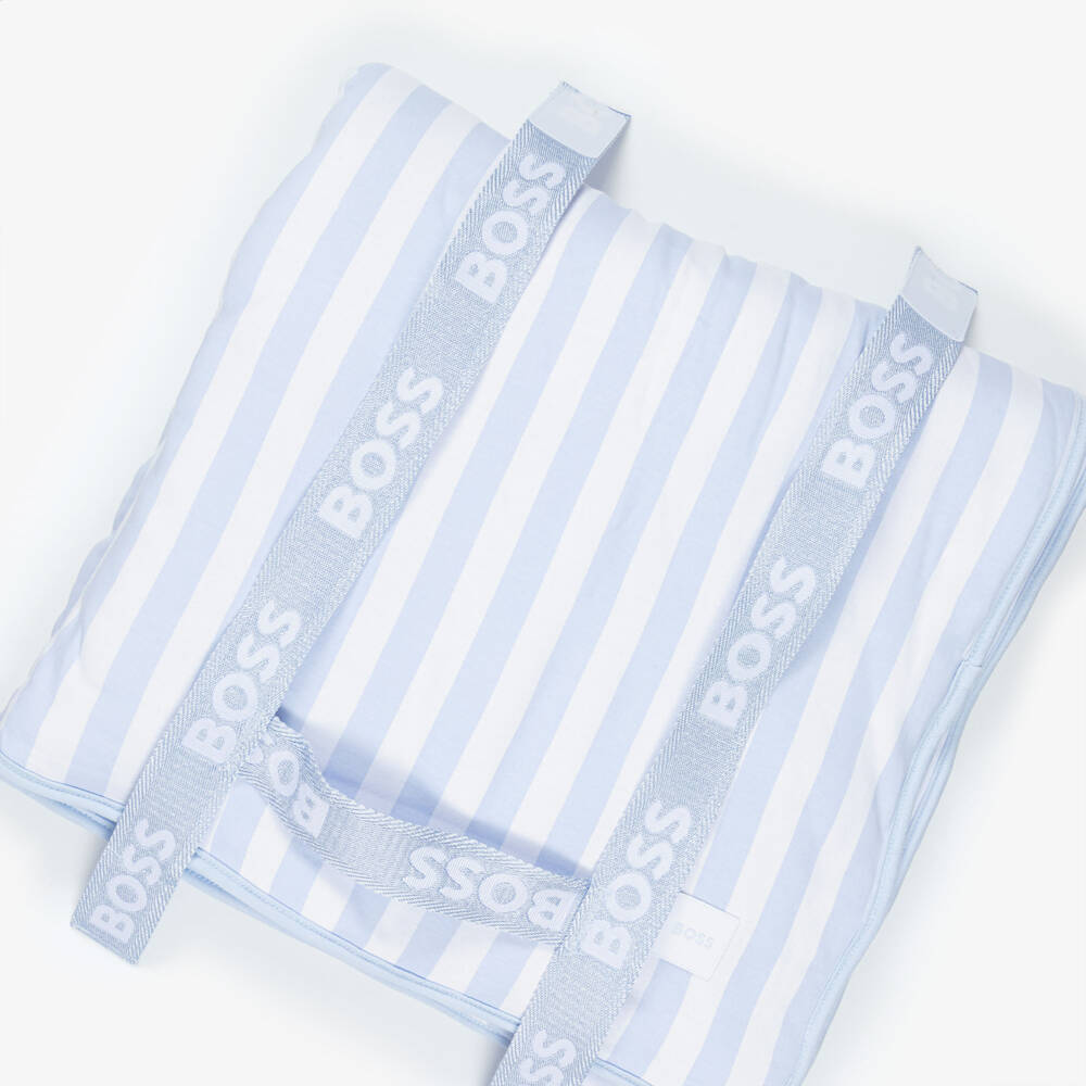 BOSS-Blue & White Striped Cotton Reversible Logo Blanket (75cm) | Childrensalon