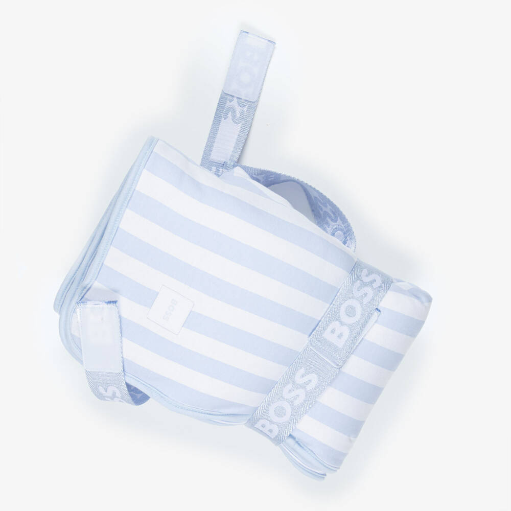 BOSS-Blue & White Striped Cotton Reversible Logo Blanket (75cm) | Childrensalon