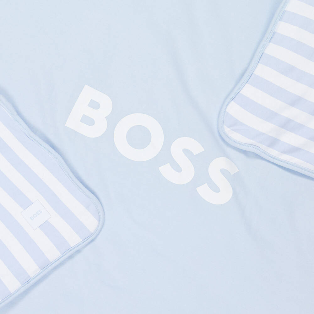 BOSS-Blue & White Striped Cotton Reversible Logo Blanket (75cm) | Childrensalon