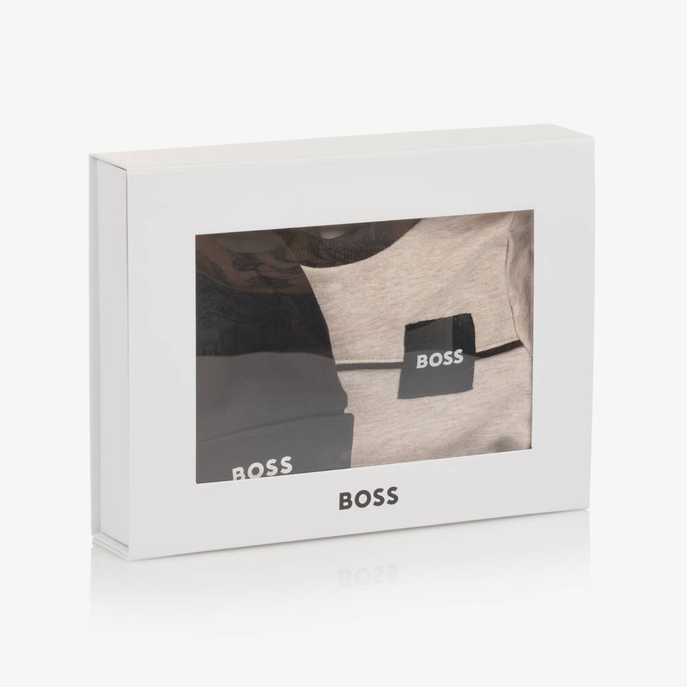 BOSS-Boys Beige & Black Cotton Babysuit Set | Childrensalon