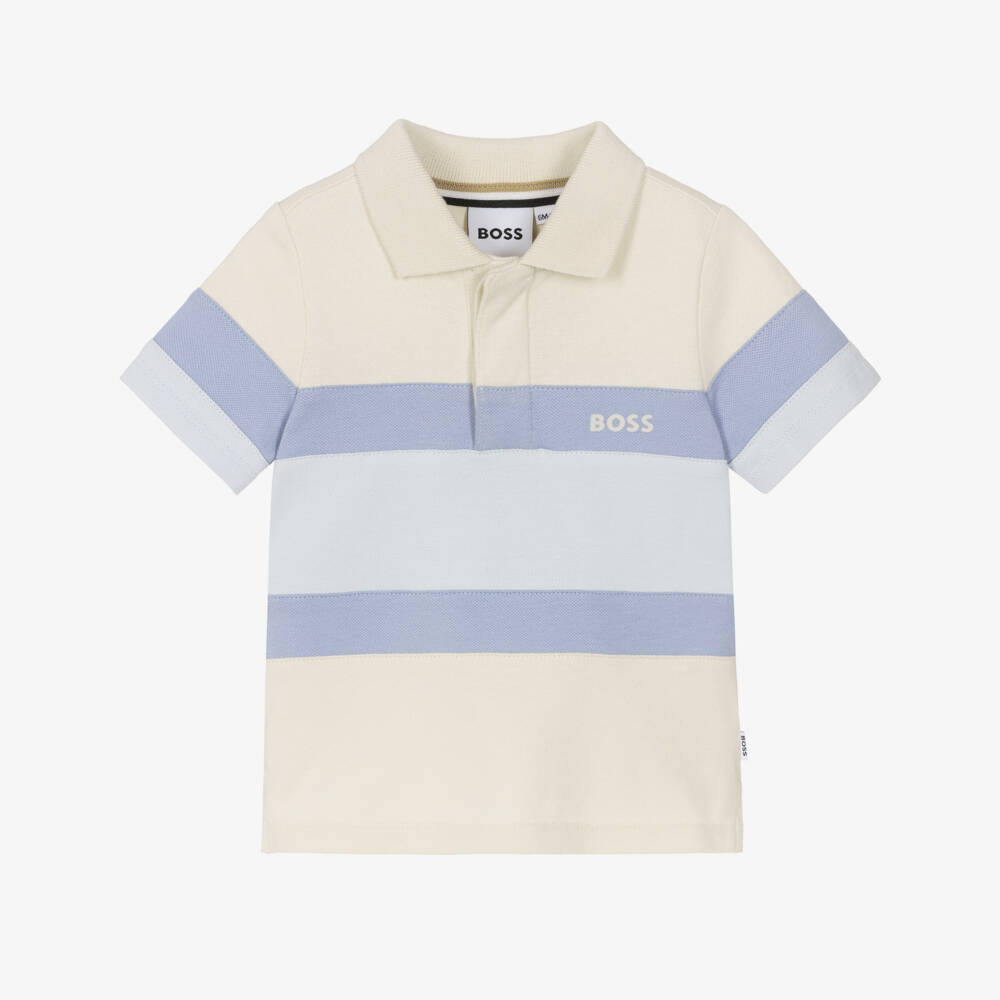 BOSS-Boys Beige & Blue Colourblock Piqué Polo Shirt | Childrensalon