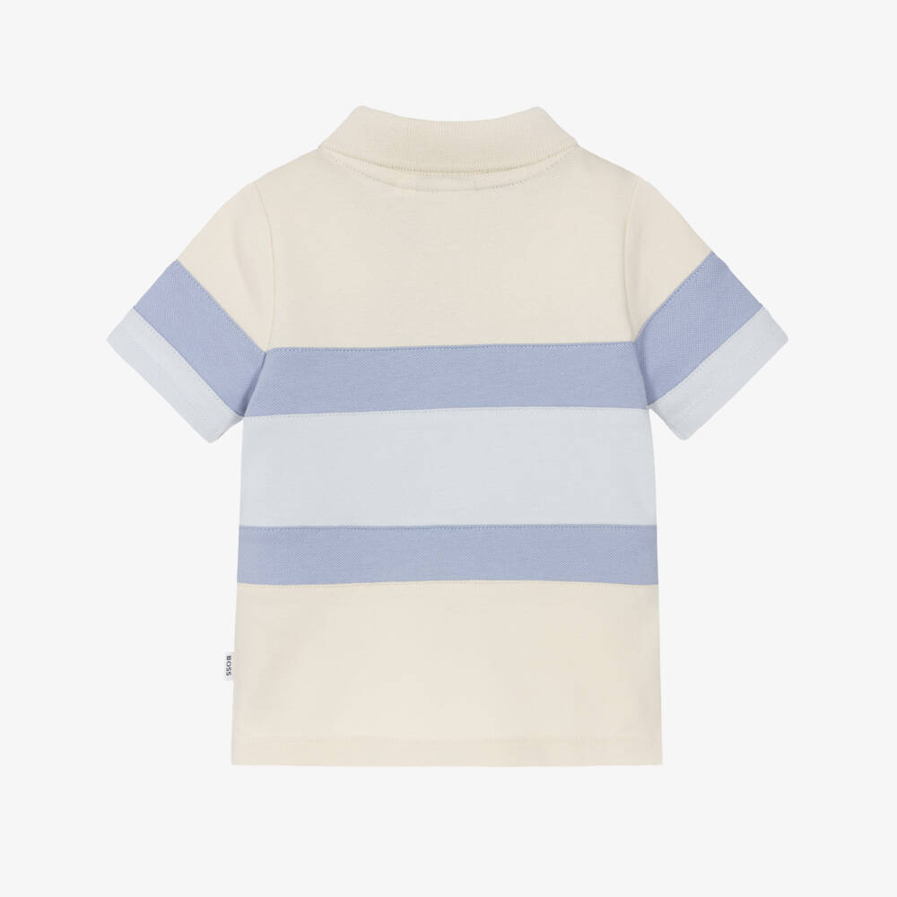 BOSS-Boys Beige & Blue Colourblock Piqué Polo Shirt | Childrensalon