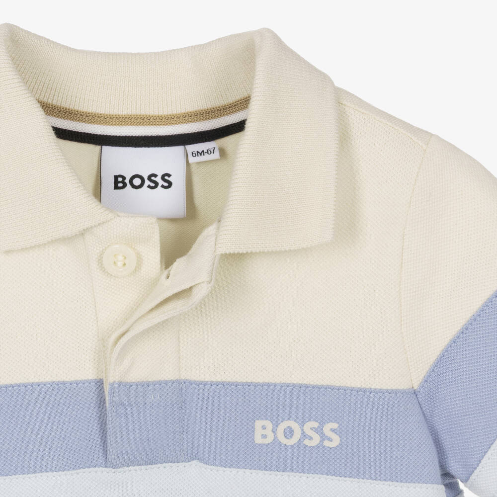 BOSS-Boys Beige & Blue Colourblock Piqué Polo Shirt | Childrensalon