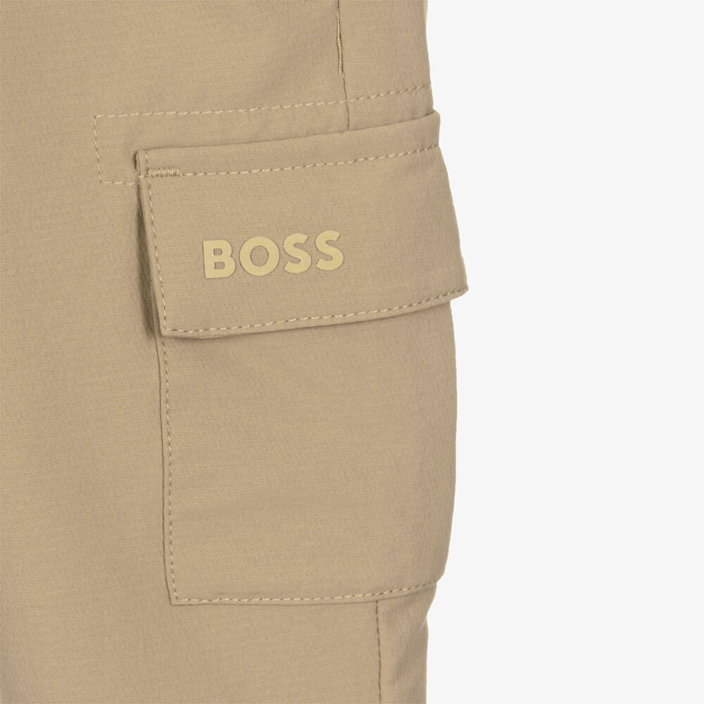 BOSS-Boys Beige Cargo Trousers with Logo Print | Childrensalon