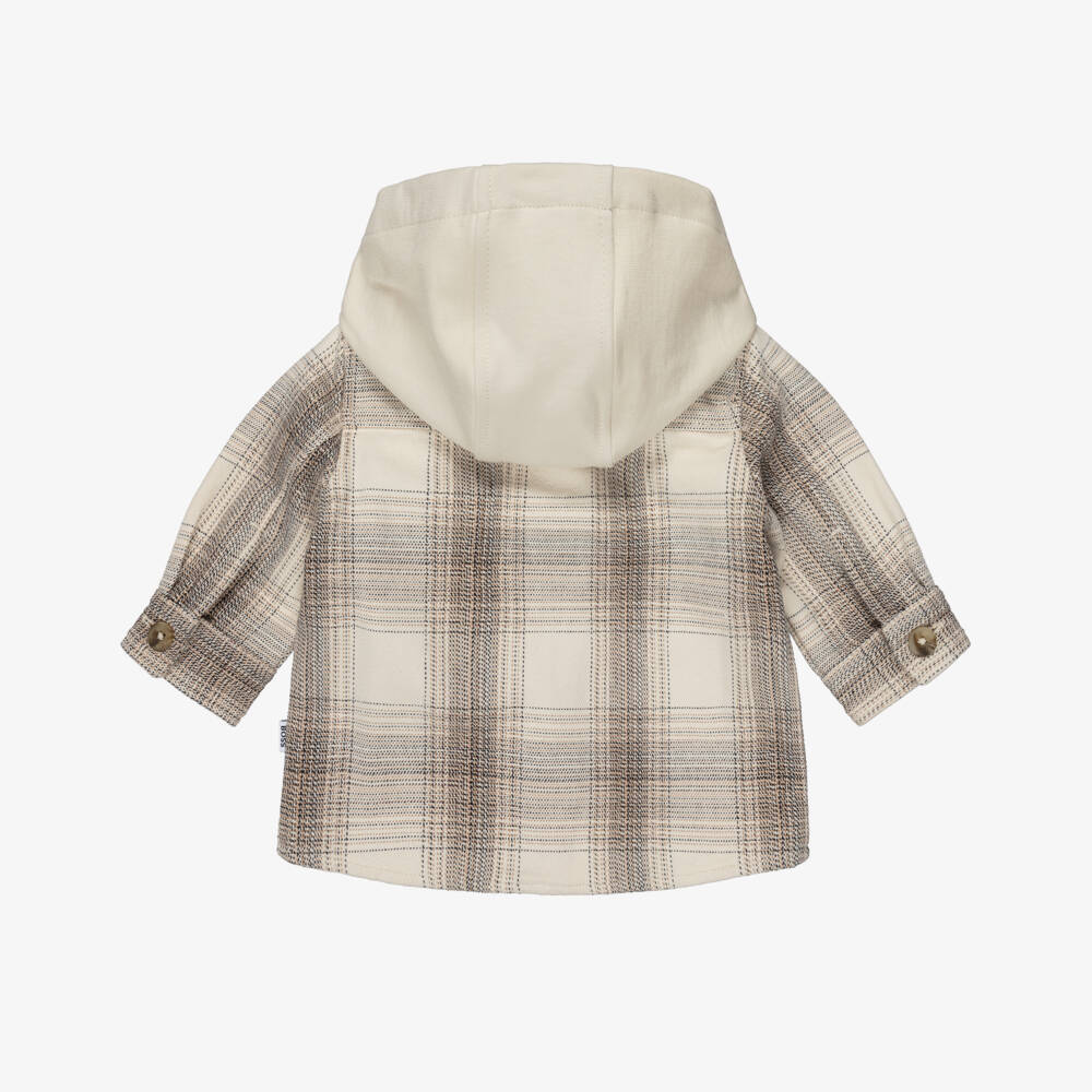 BOSS-Boys Beige Checked Twill Hooded Shirt | Childrensalon