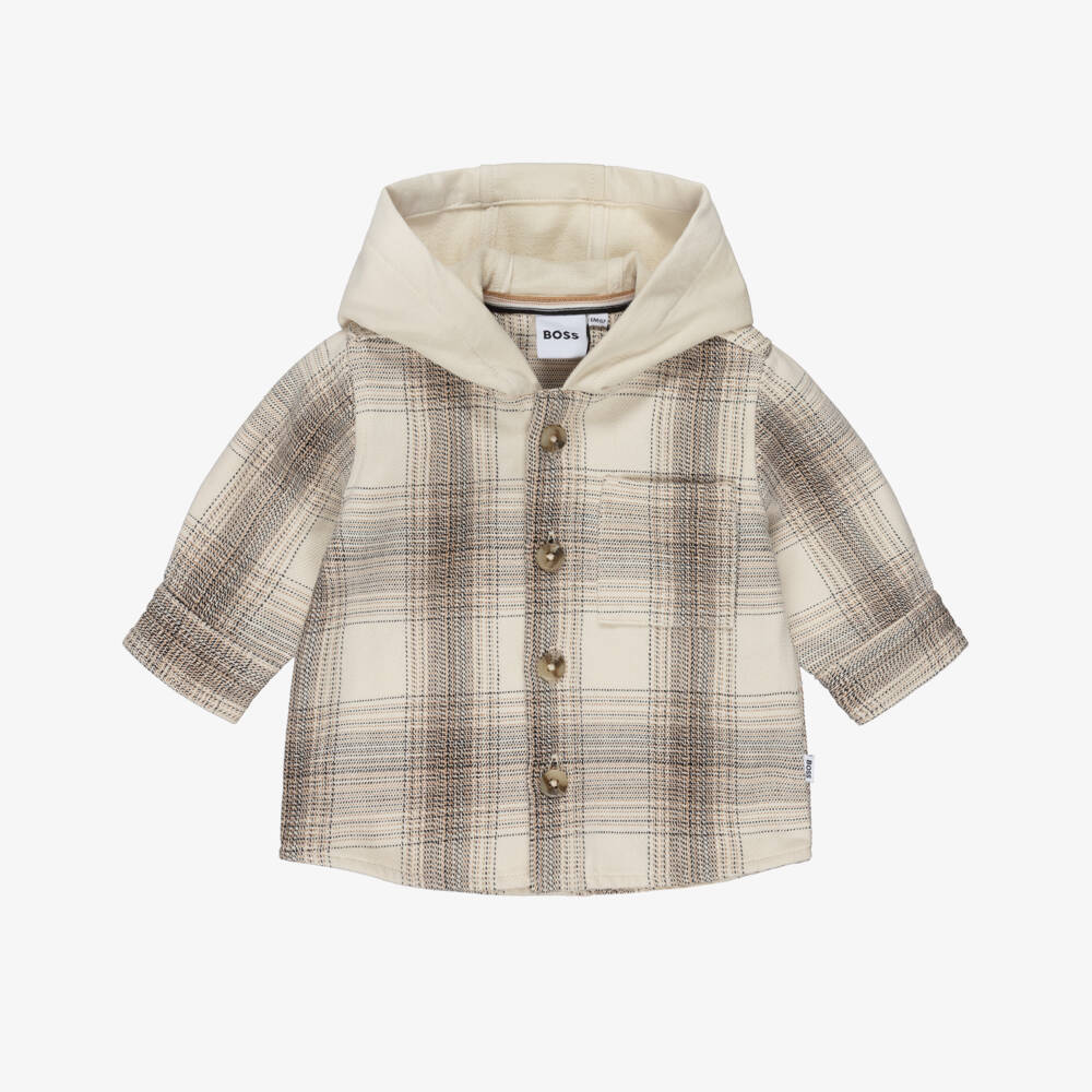 BOSS-Boys Beige Checked Twill Hooded Shirt | Childrensalon