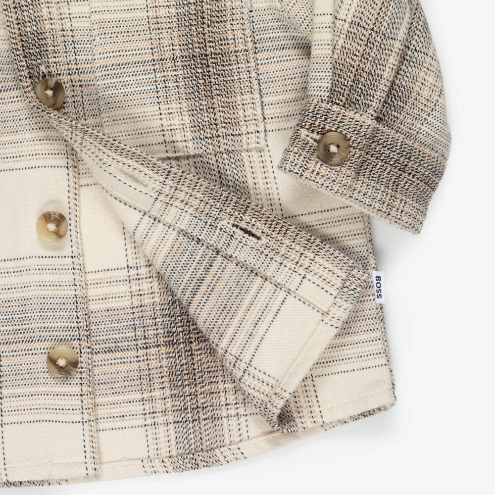 BOSS-Boys Beige Checked Twill Hooded Shirt | Childrensalon