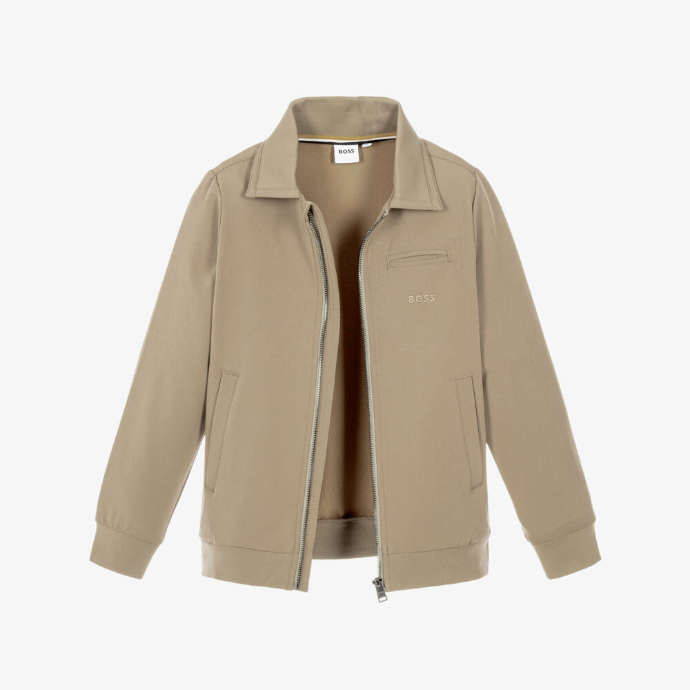 BOSS-Boys Beige Collared Zip-Up Top | Childrensalon