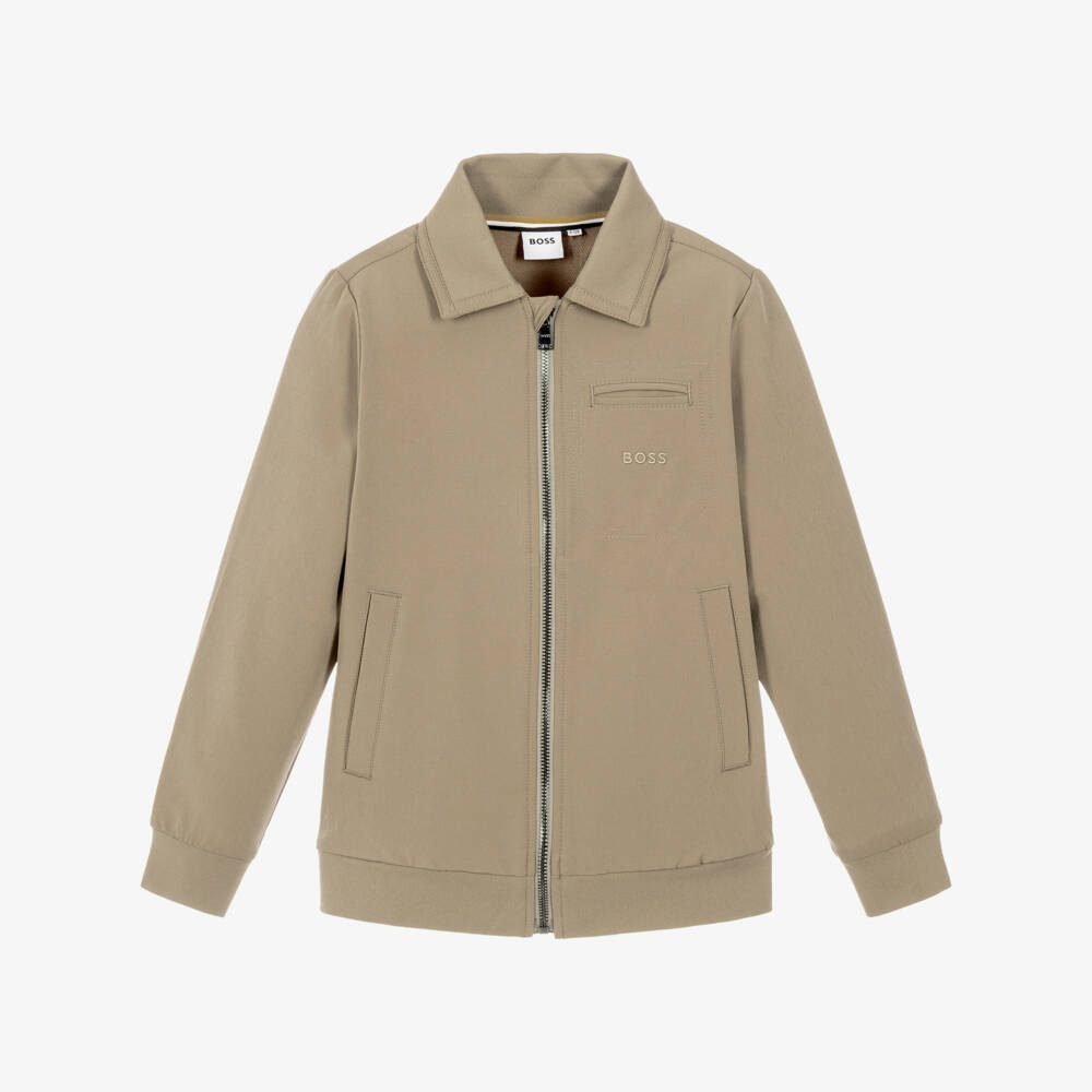 BOSS-Boys Beige Collared Zip-Up Top | Childrensalon