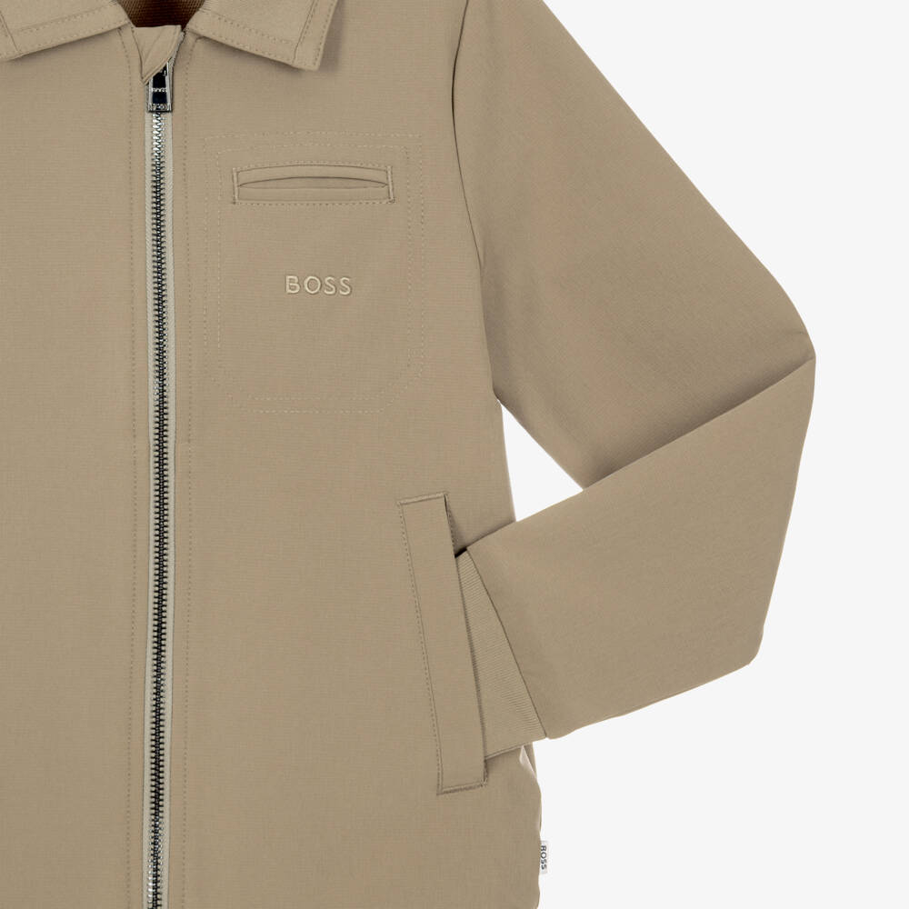 BOSS-Boys Beige Collared Zip-Up Top | Childrensalon