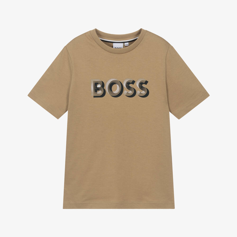 BOSS-Boys Beige Cotton 3D Logo T-Shirt | Childrensalon