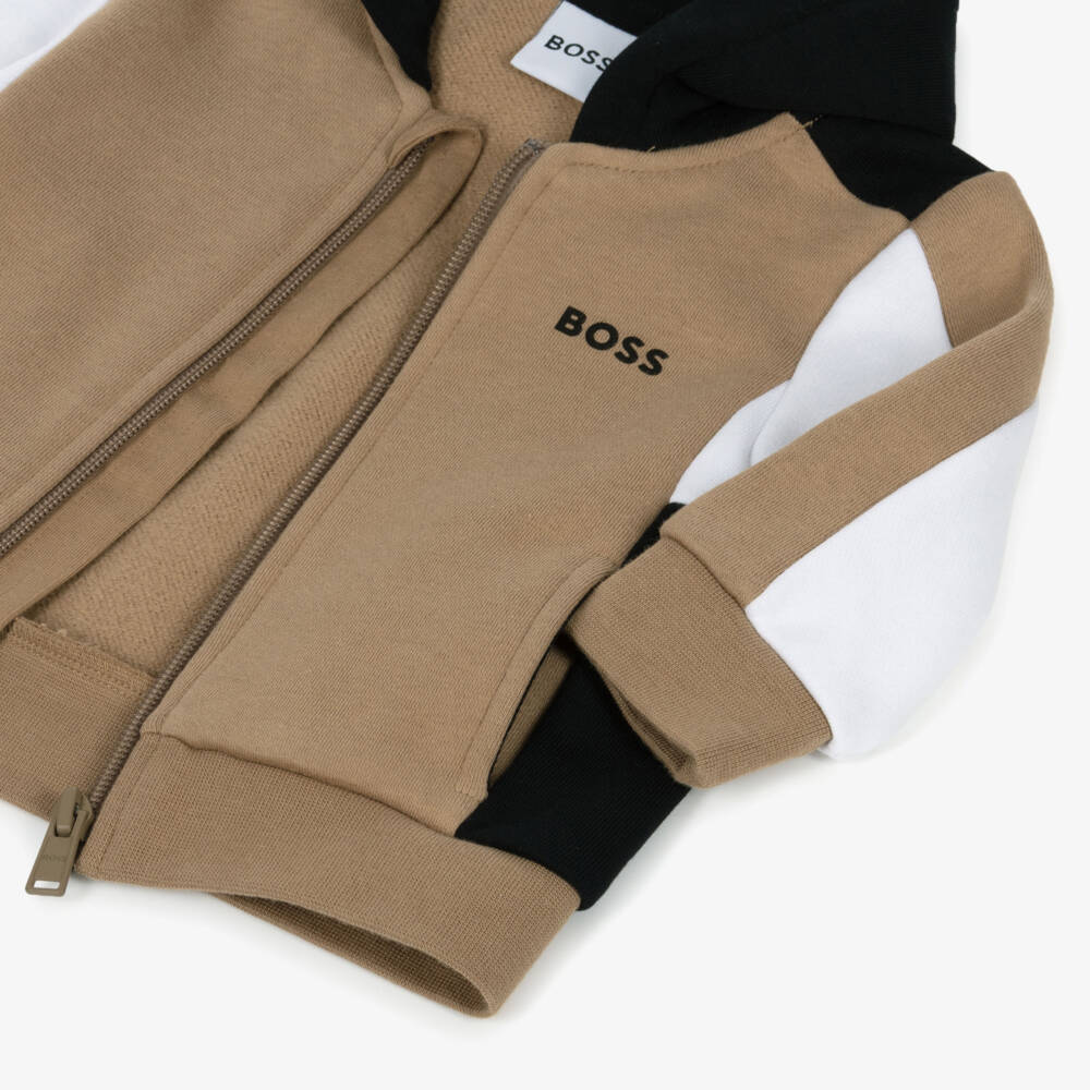 BOSS-Boys Beige Cotton Colourblock Zip-Up Top | Childrensalon