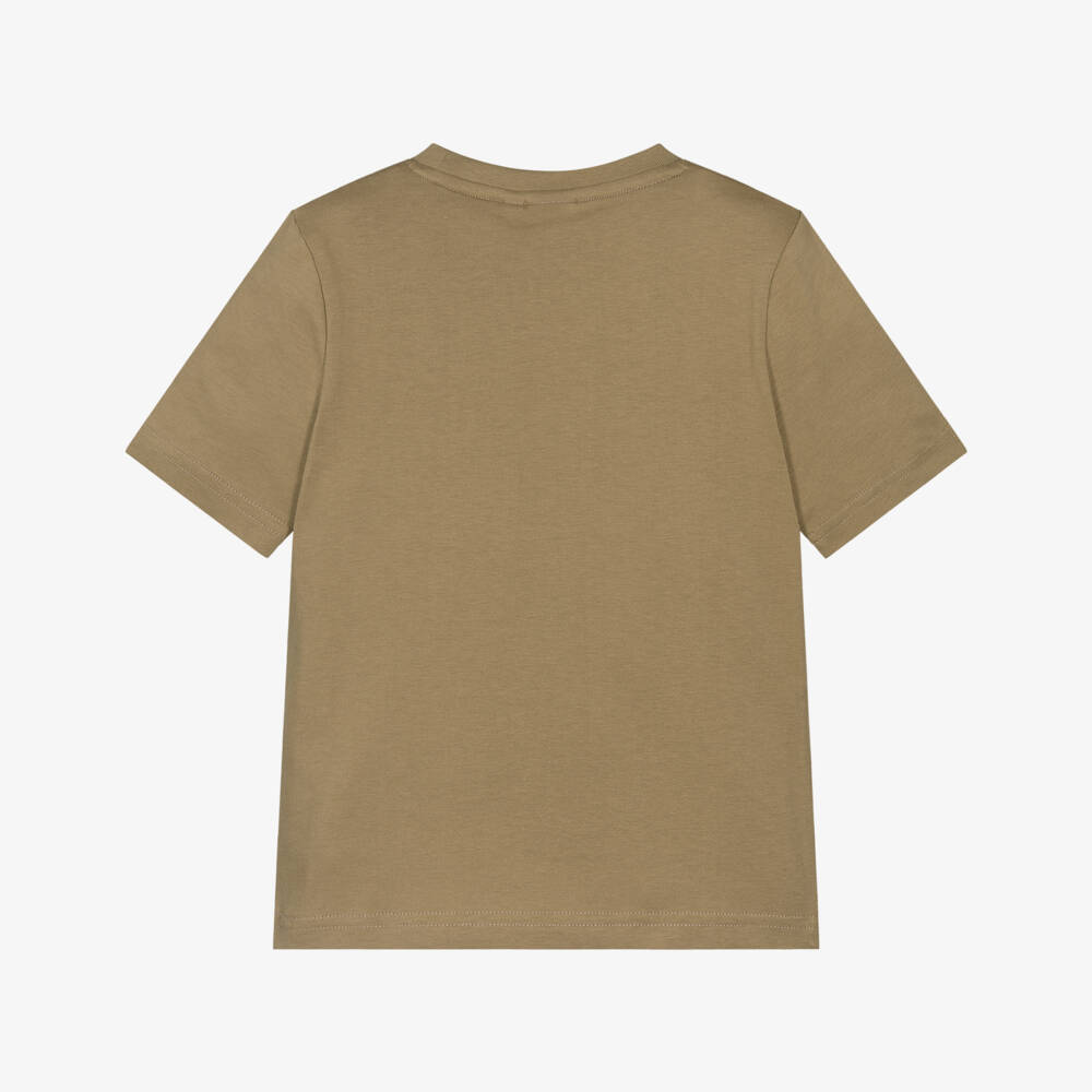BOSS-Boys Beige Cotton Crew Neck T-Shirt with Logo Print | Childrensalon